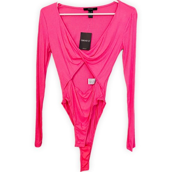 Hot Pink Bodysuit Long Sleeve V Neck Stretch Open Peekaboo Size M - Forever 21 - Picture 3 of 8